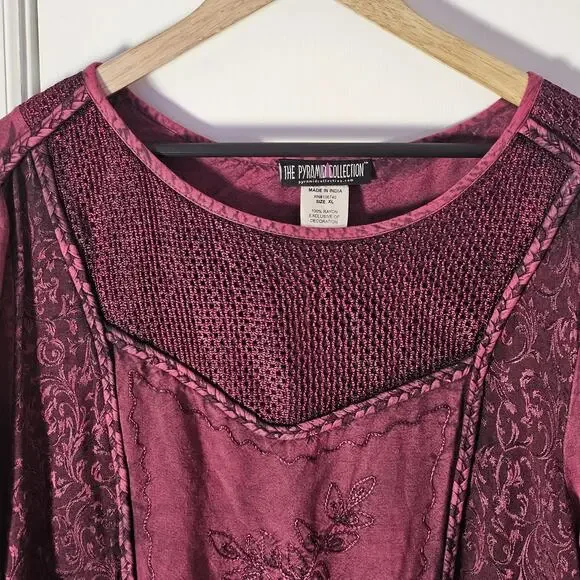 Pyramid Collection Boho Top Sz 1X Whimsy Bell Sleeve RenFair Braided Embroidered - Picture 2 of 7